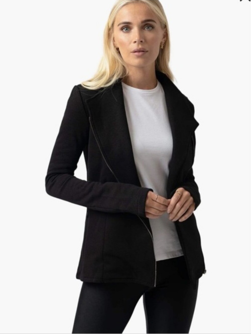 Saint + Sofia Organic Cotton Asymmetric Zip Knit Moto Biker Jacket Size 6 Black - Picture 2 of 16